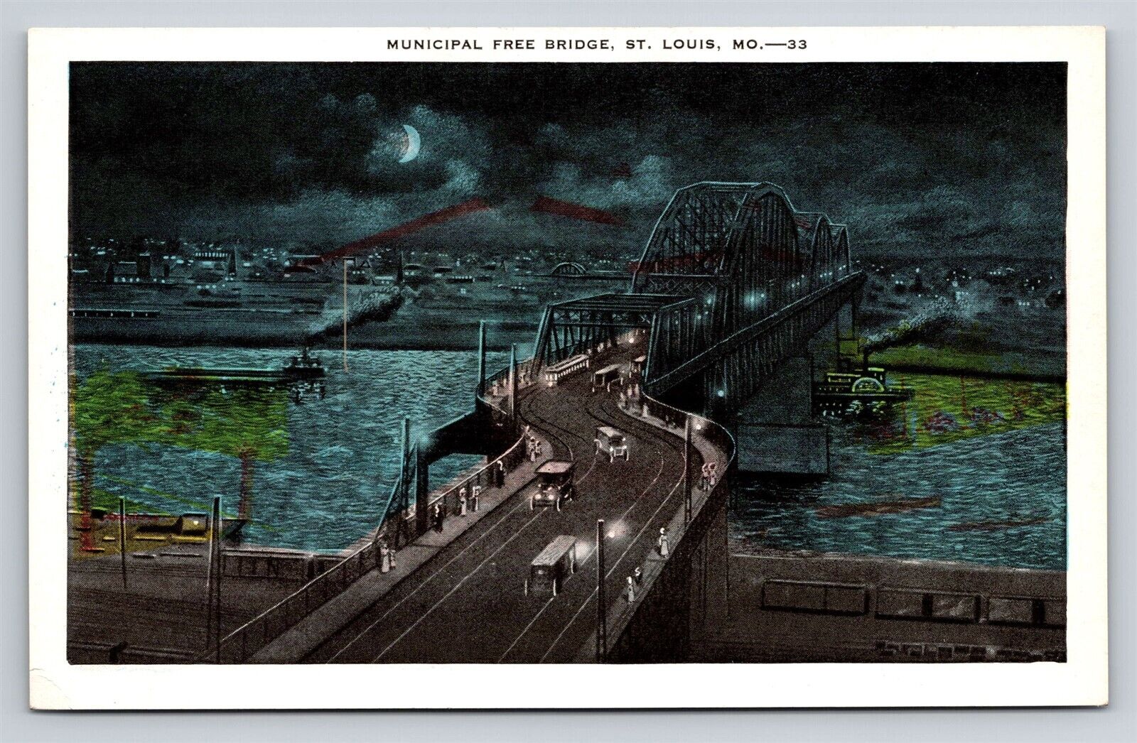 St. Louis MO Municipal Free Bridge Night View Old Vintage Postcard circa 1920s