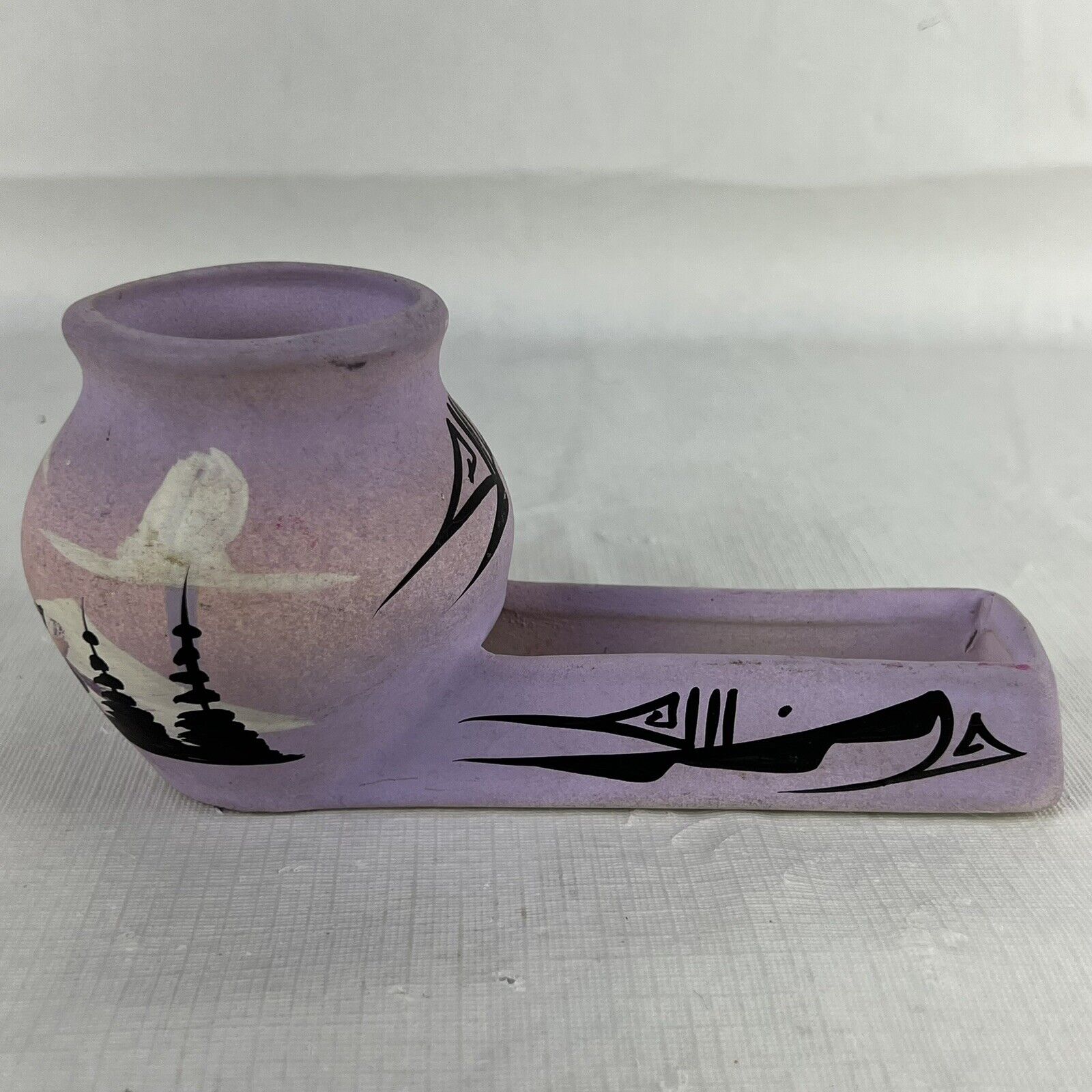 Cedar Mesa Navajo Pottery Card & Pen Holder Hand Painted Purple/ Pastel Signed