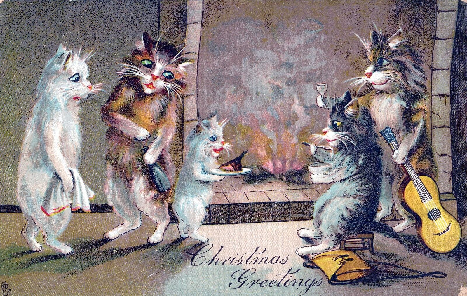 Five Cats Maurice Boulanger Christmas Greetings Tuck Postcard - 1906
