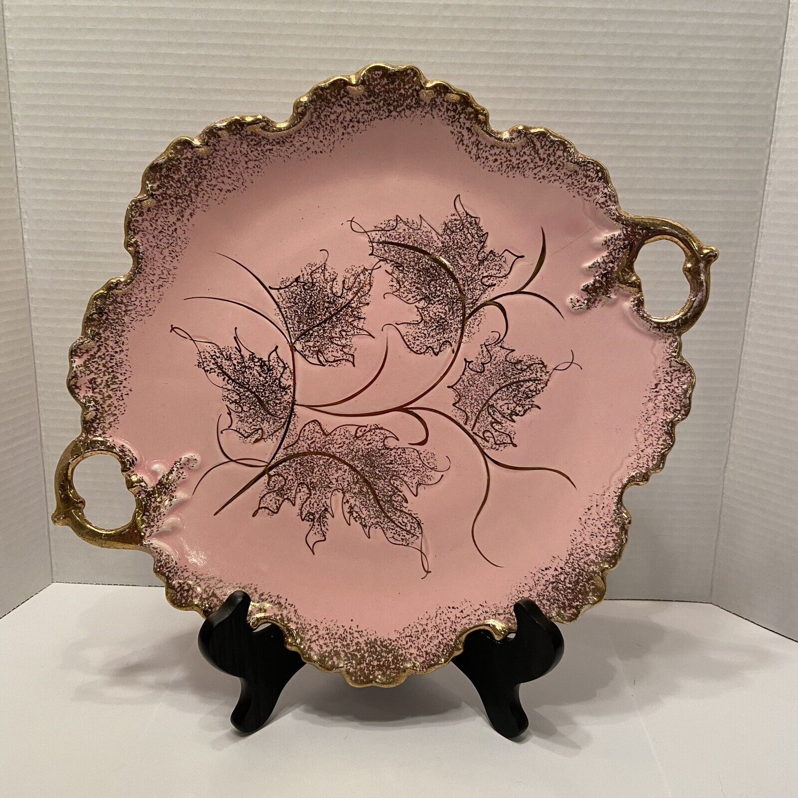 California Original Pottery Pink and Gold Scalloped Two Handle Serving Tray