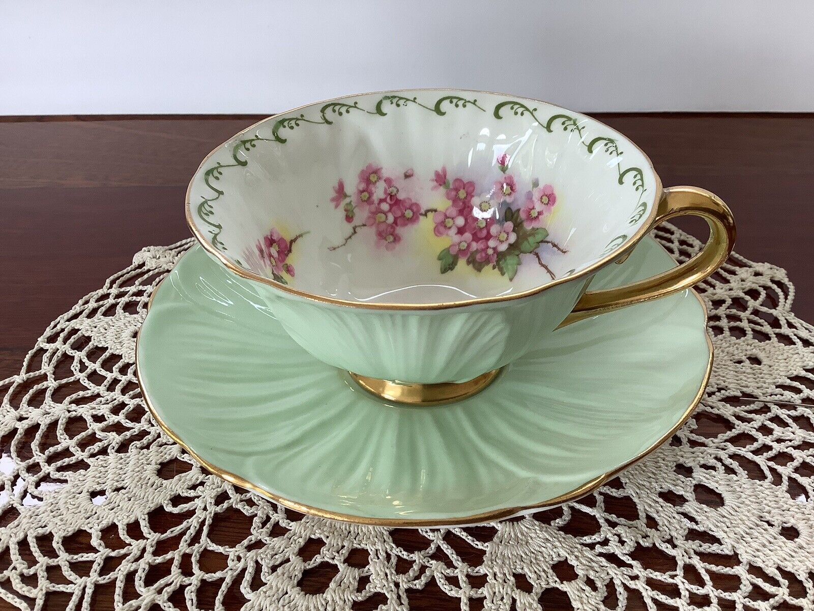 Vintage Shelley Fine Bone China Cup & Saucer Mint Green Pink Begonias