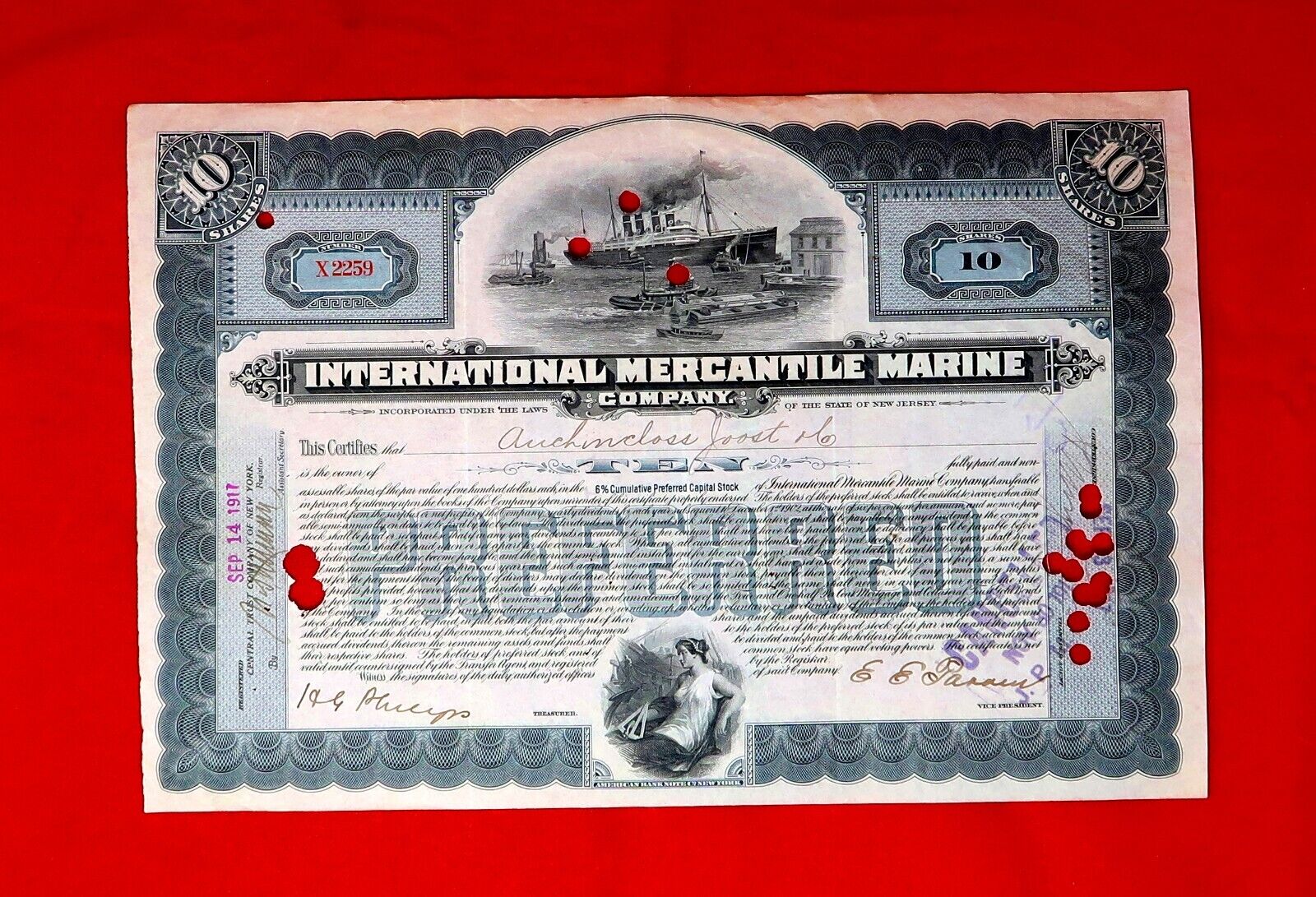 1917 Antique International Mecantile Marine Company 10 Shares Stock