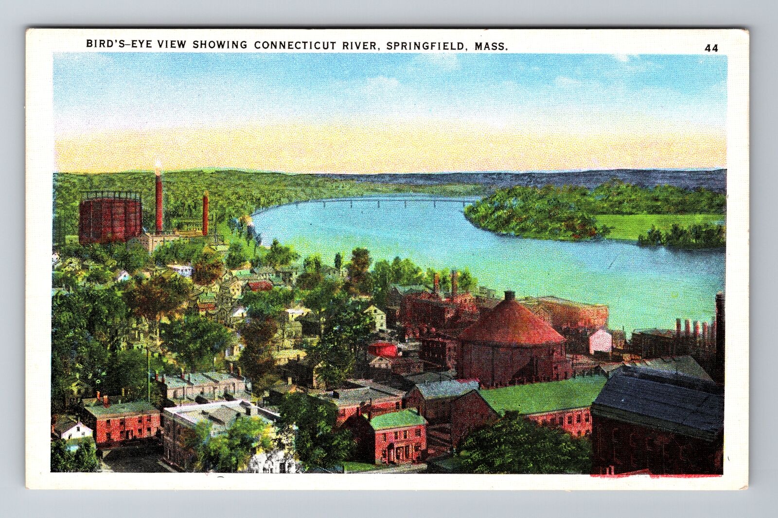 Springfield MA-Massachusetts, CT River, Bird's Eye Town View Vintage Postcard