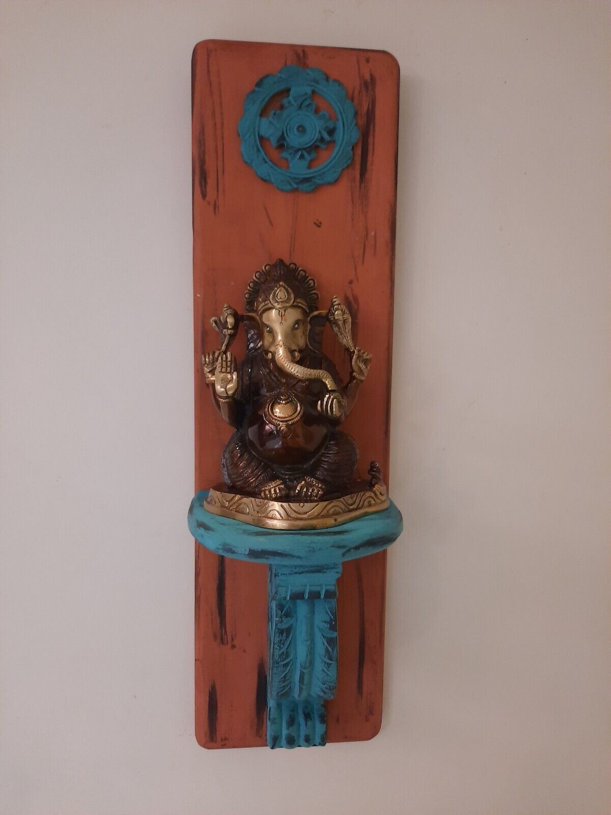 Vintage Gallery Brass Idol Lord Ganesh Wood Wall Art Religious Good Lucky Charm