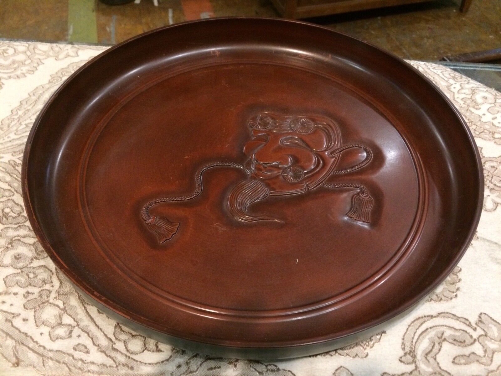Antique Vintage Asian Japanese Round Lacquer Serving Cocktail Tray Size 13”