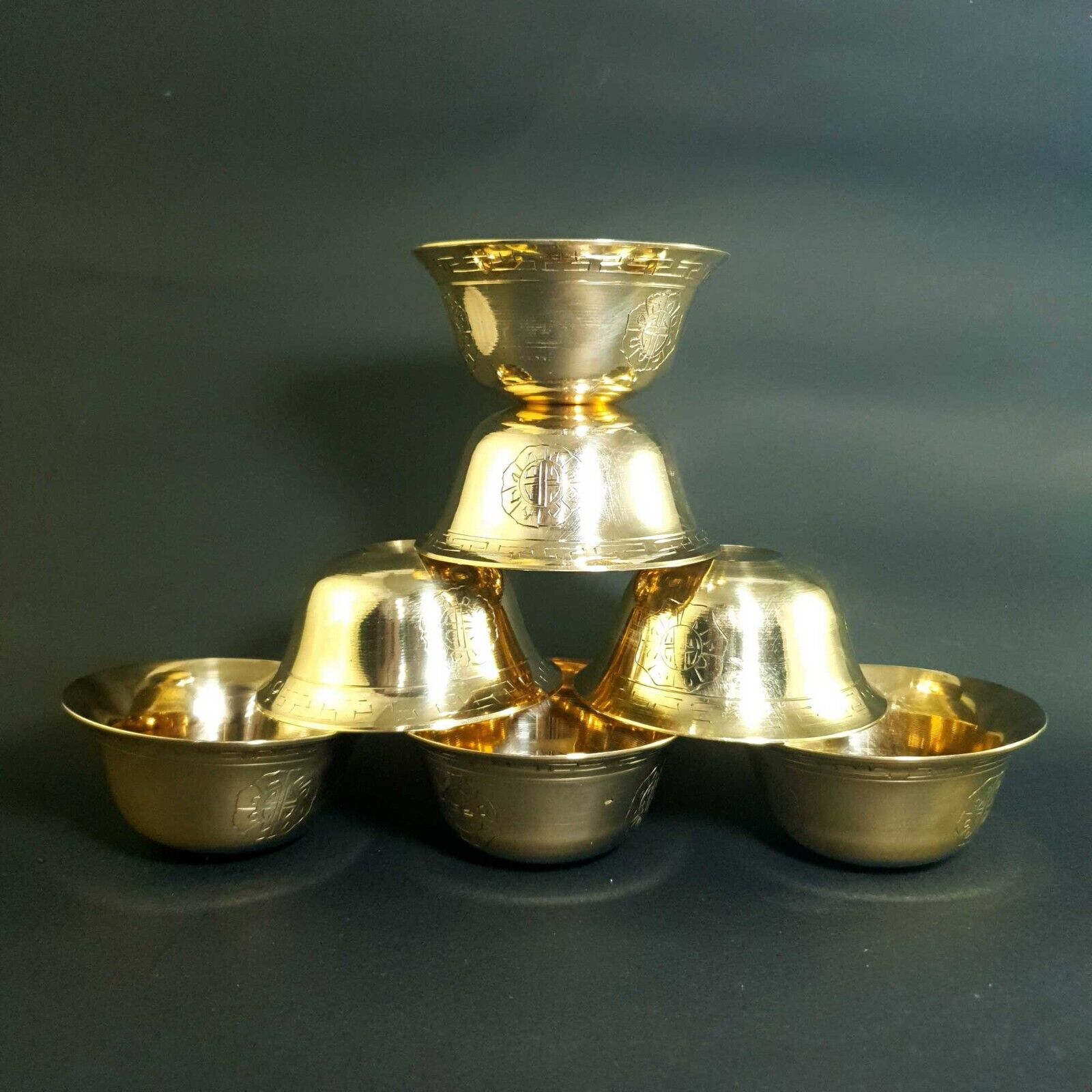 Brass offering Bowls, 7 Pieces Set , Large, 9 cm, handmade Nepal