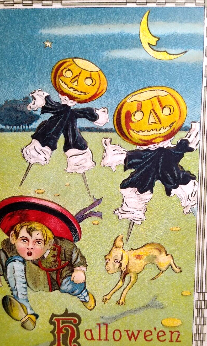 Halloween Postcard Fantasy Goblins On Stilts Chase Boy & Dog Barton Spooner 1913