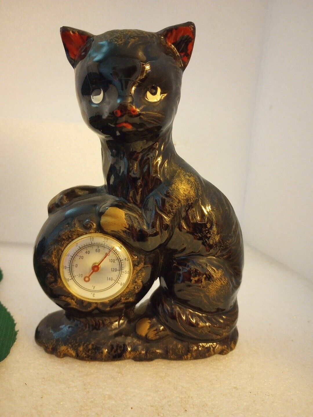 Vtg BLACK CAT CERAMIC  FIGURINE WITH THERMOMETER MADE IN JAPAN