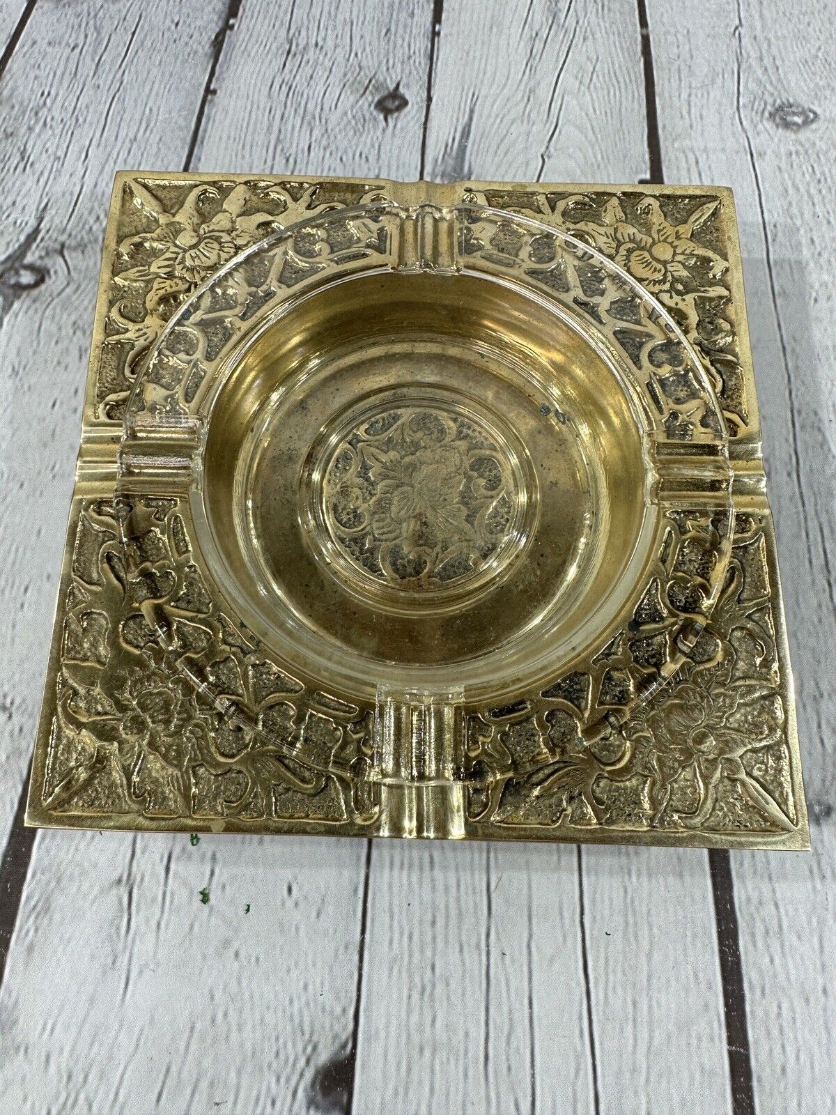Vintage Square Brass Ashtray With Glass Ashtray Insert 7 3/8” Floral Designs VGC