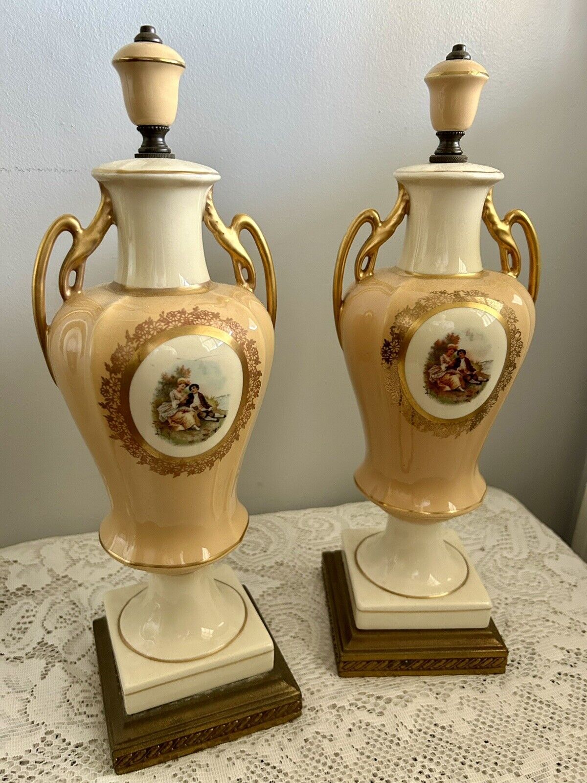 Pair of Beautiful Antique Hand Painted and Gilded Ceramic Urns w/Brass Bases-15”