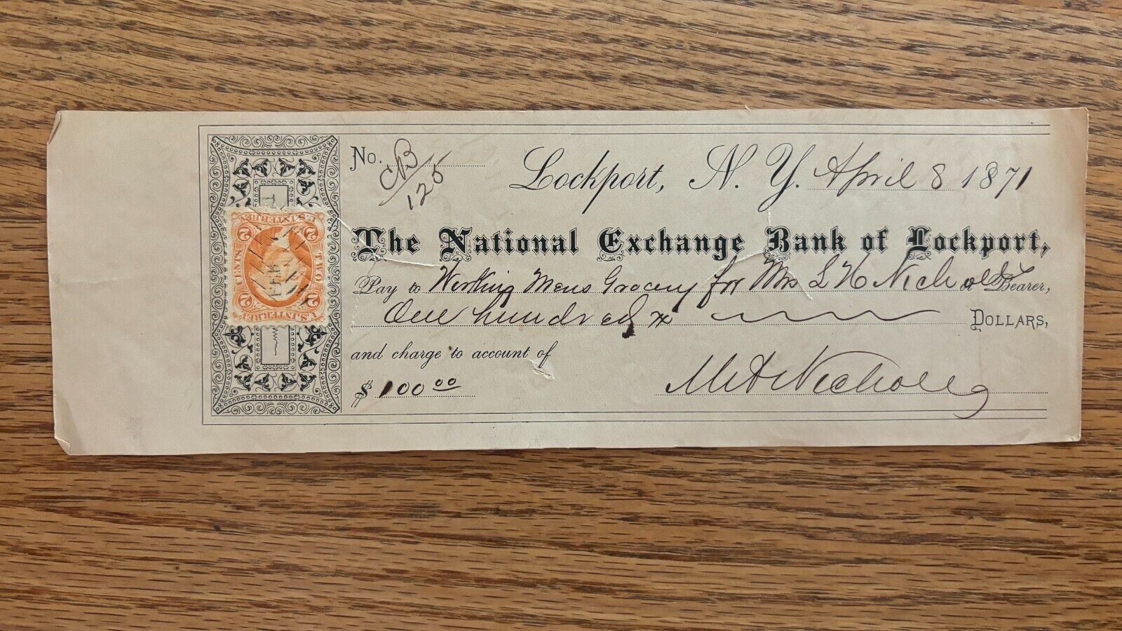The National Exchange Bank of Lockport 1871 Check w/ Revenue Stamp