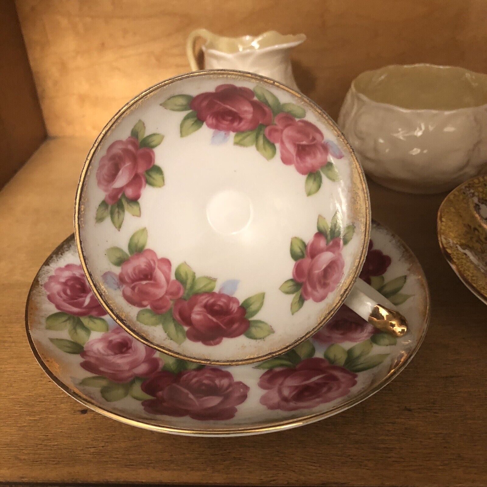Vintage Del Mar Japan painted pedestal tea cup Saucer Pink Roses Lusterware. 24k