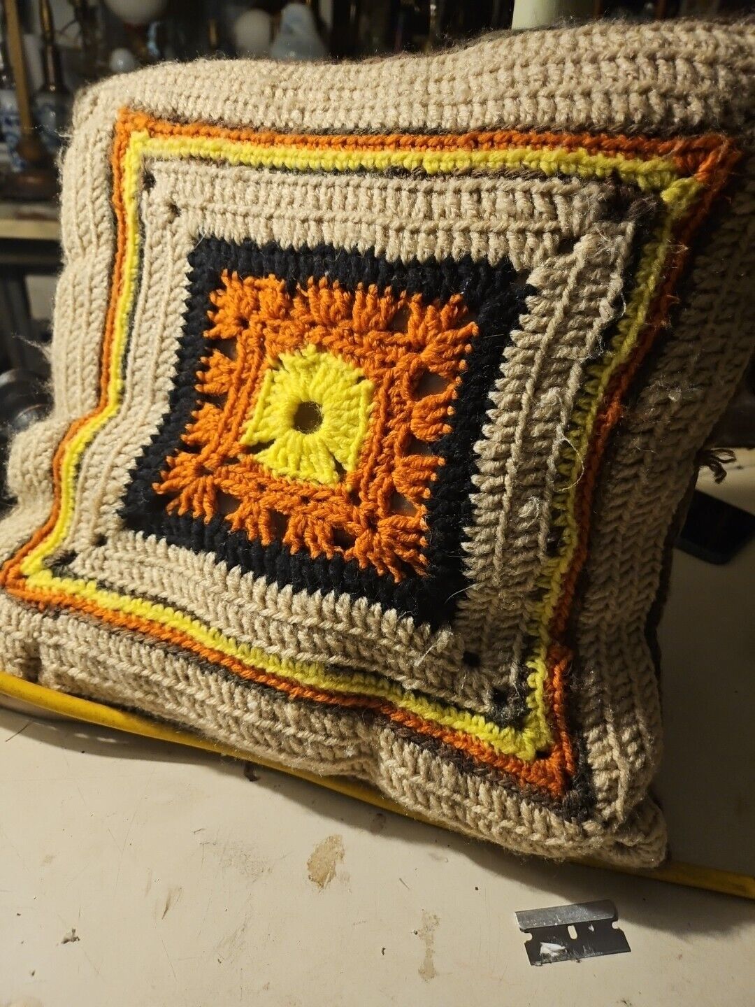 Vintage Handmade Crochet Granny Square Pillow 14x14 Orange MCM