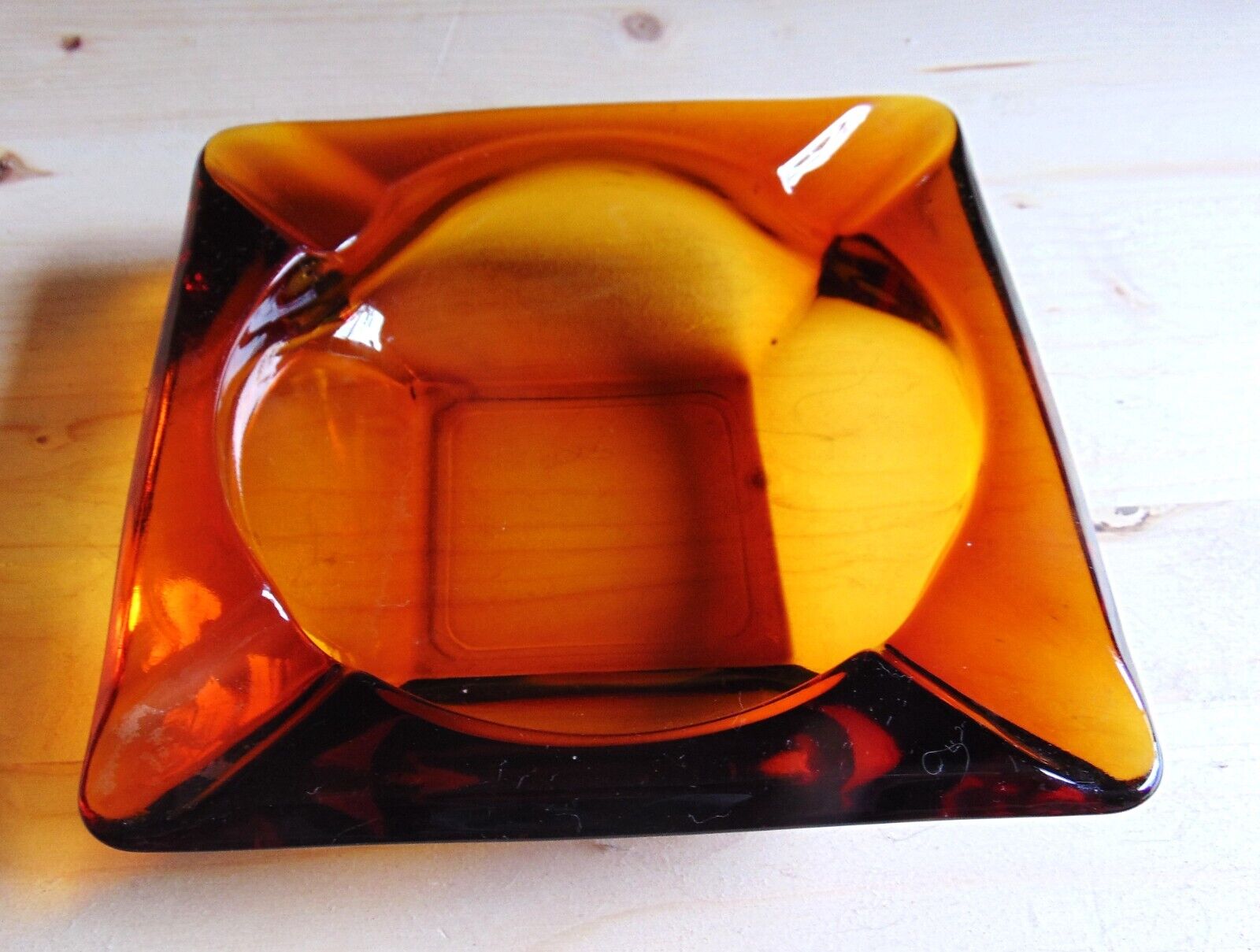 Vintage 1970’s Square Golden Amber Glass Cigar Ashtray Glass 5.75” MCM 4 Slots