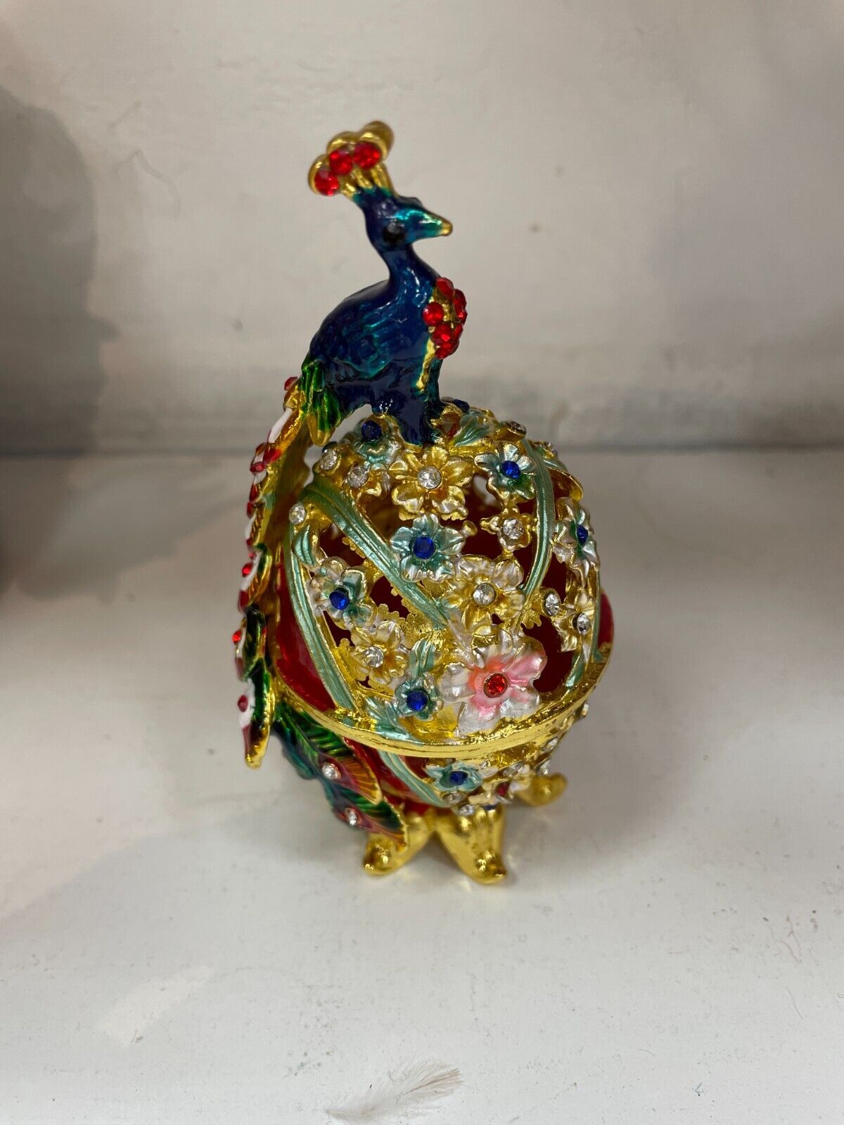 Peacock with Beautiful Flowers Hand Painted Bejeweled Hinged Trinket Jewelry Box