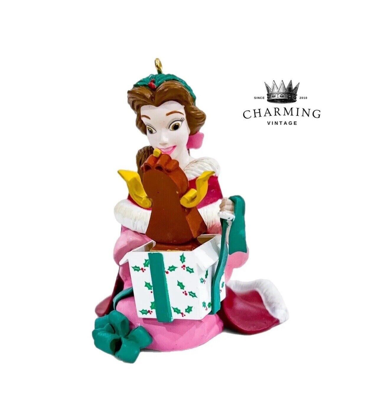 Vtg Disney Grolier Magic Beauty & The Beast Belle w/Cogsworth Christmas Ornament