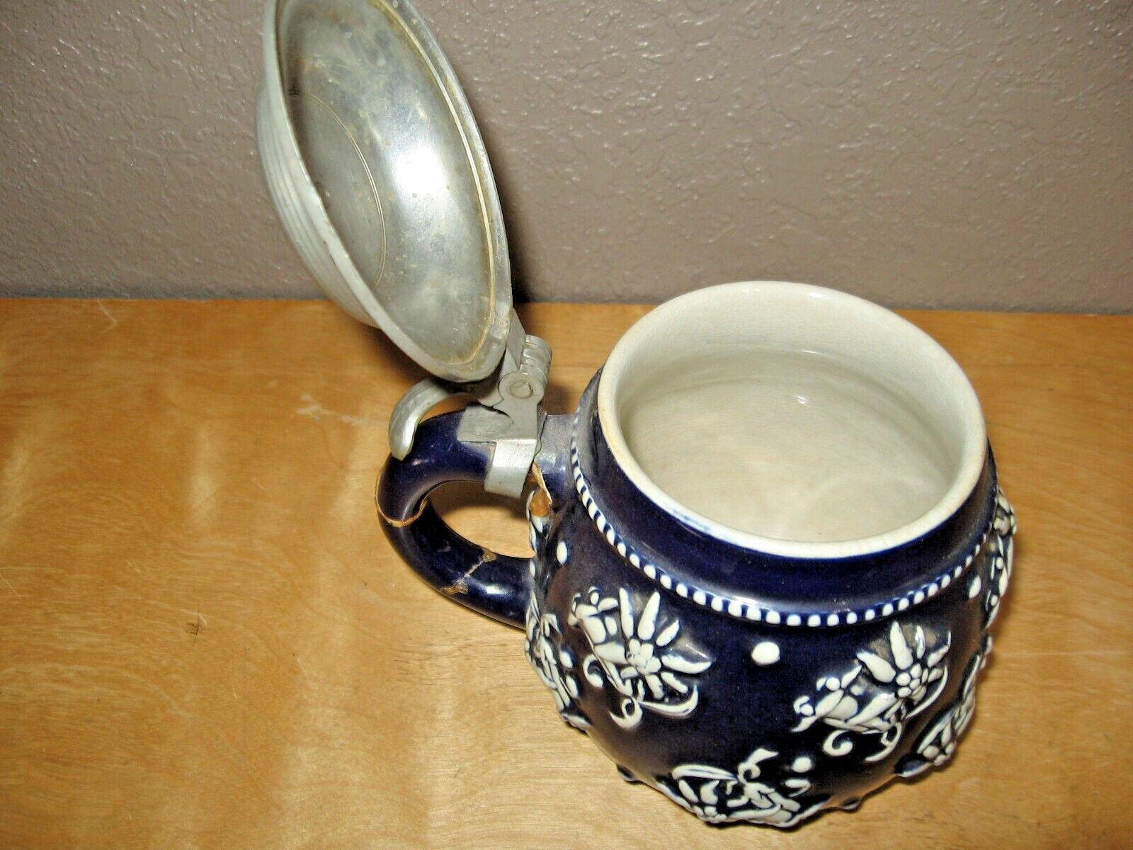 Vintage german beer stein mug with pewter lid cobalt blue and white flowers
