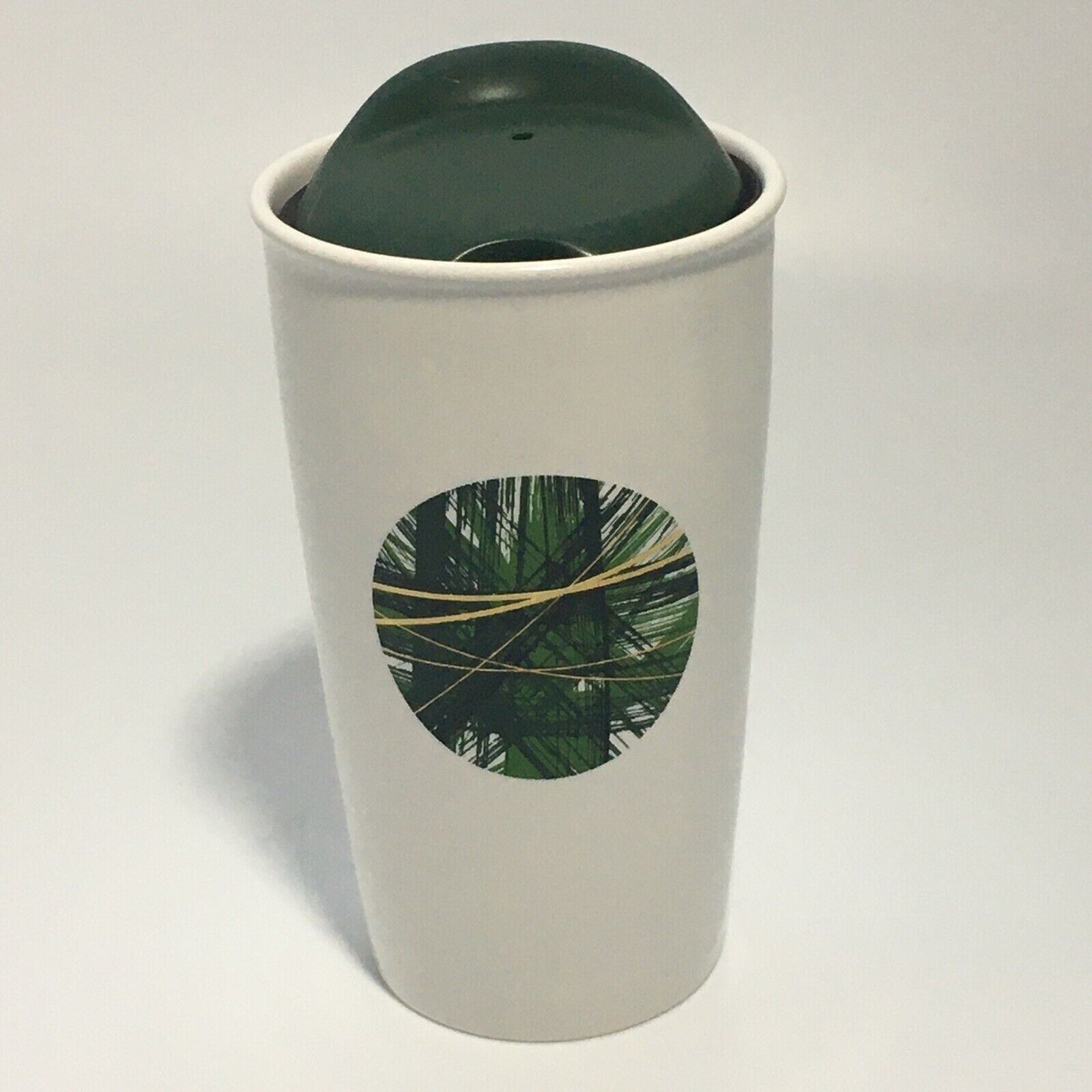 Starbucks 2014 Travel Mug Tumbler w Lid White Green Gold Lines Dot Ceramic 12 Oz
