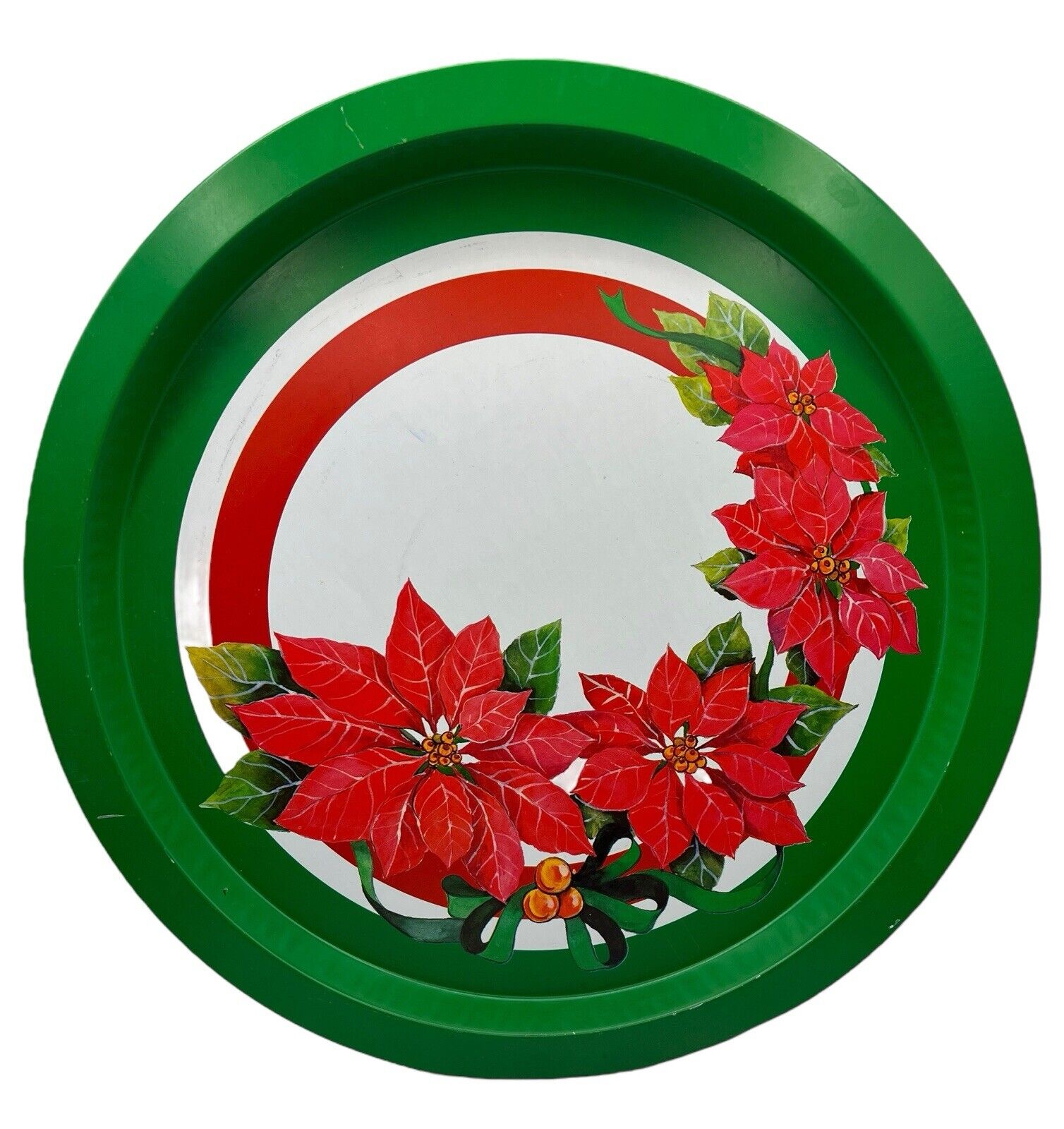 Vintage Christmas Holiday Tin Cookie Serving Tray Poinsettia Green Red 12.75”