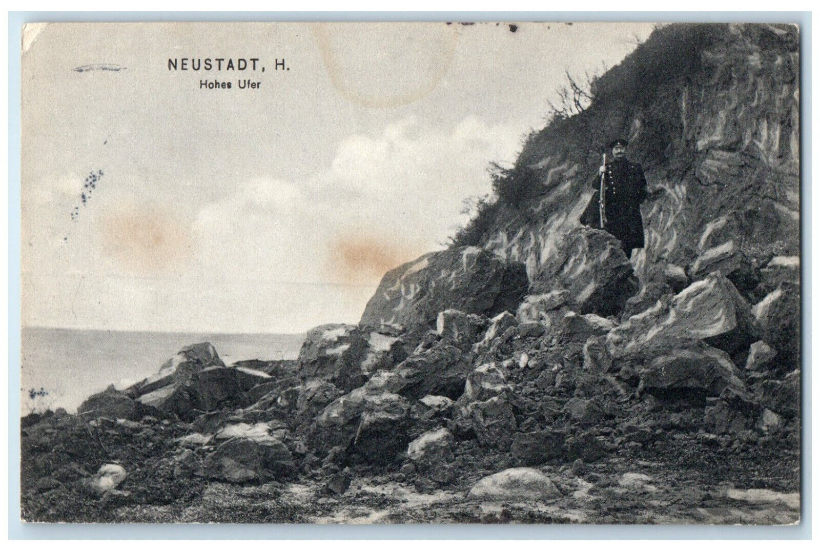 c1910 Army Gard Standing on Rocky Side Hohes Ufer Neustadt H. Germany Postcard