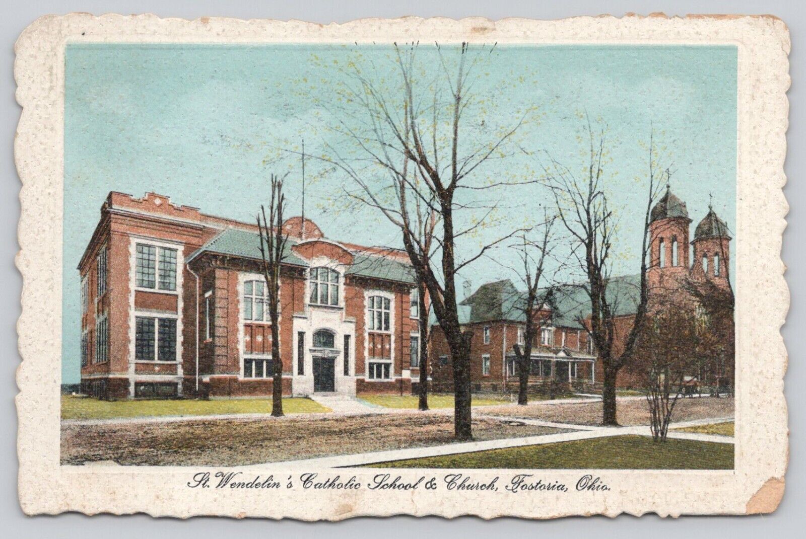 Postcard  St Wendelins  Catholic School and Church Fostoria Ohio  c1900s *a4