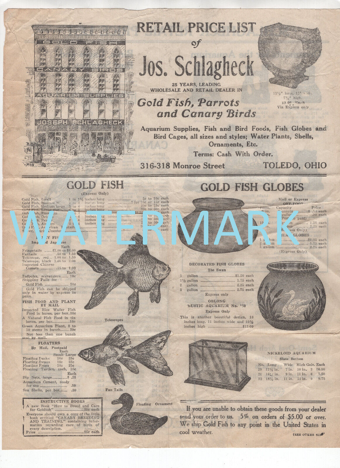 GREAT Antique Jos. Schlagheck Gold Fish Parrot Bird Pet Store Price List Leaflet