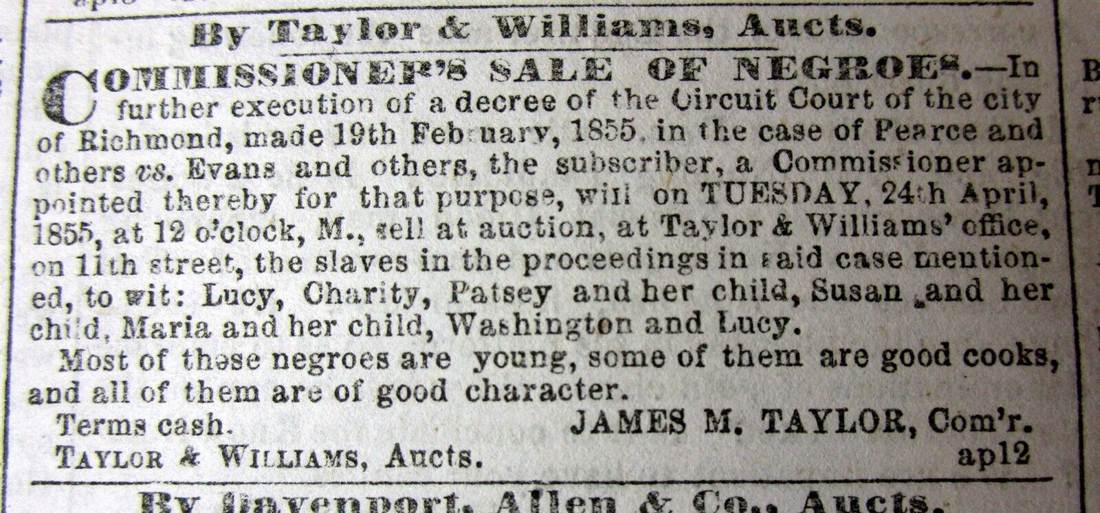 1855 Richmond Whig & Public Advertiser VIRGINIA newspaper with 3 NEGR0 SLAVE ADS