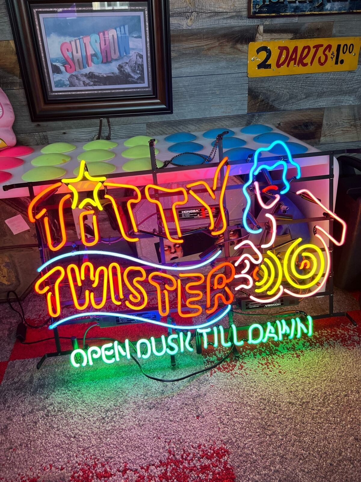 Titty Twister Open Dusk Till Dawn 24x20 Neon Light Sign Lamp Wall Decor Glass