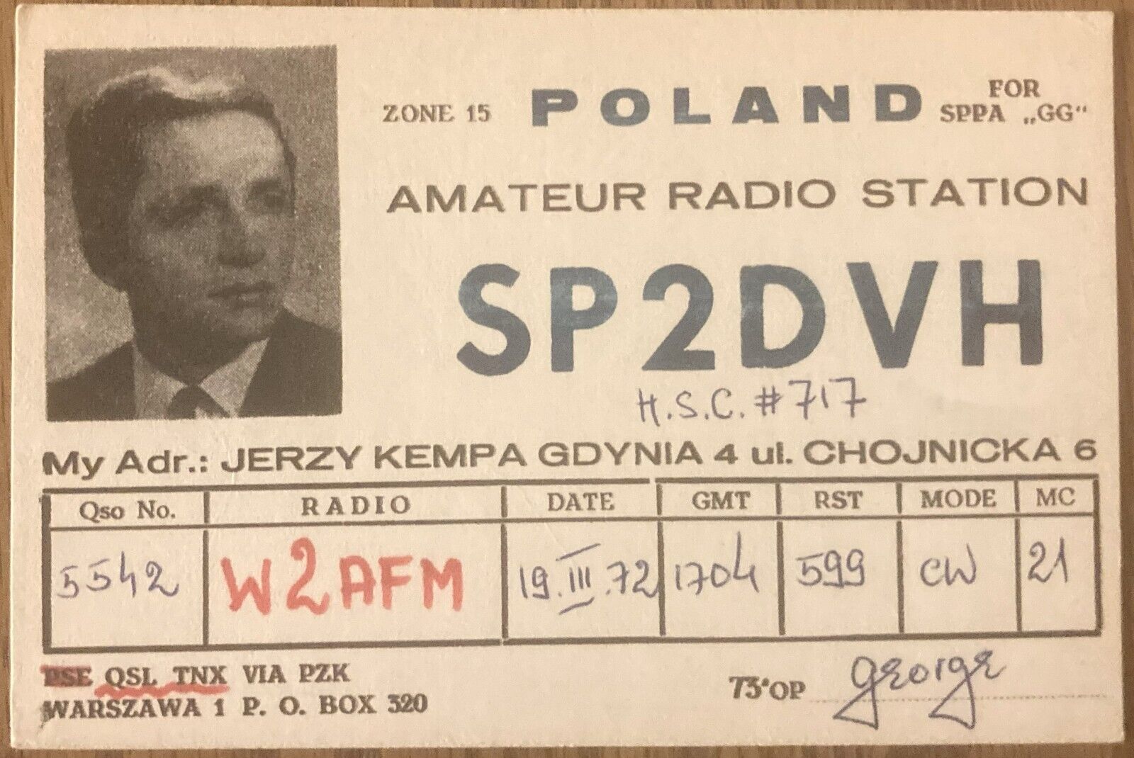 QSL Card Chojnice Poland Jerzy Kempa Gdynia  SP2DVH 1972 Operator Photo Postcard