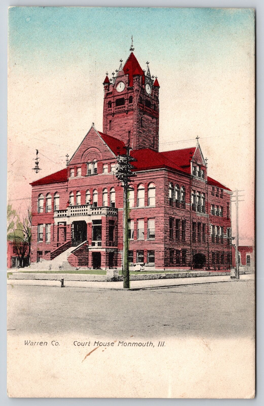 Monmouth Illinois~Warren County Courthouse~Clock Tower~1909 Postcard