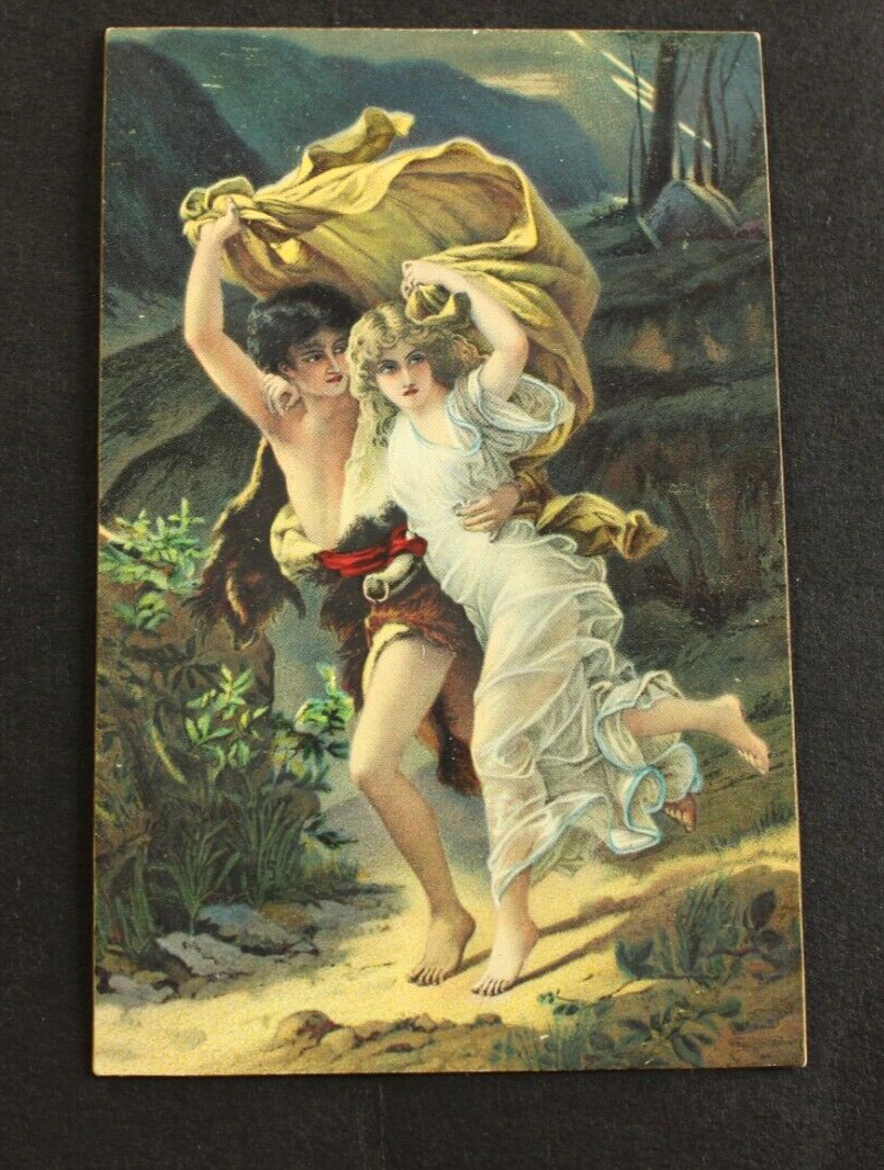 Religious Postcard The Storm Couple Running from rain Pierre August Cot Stengel