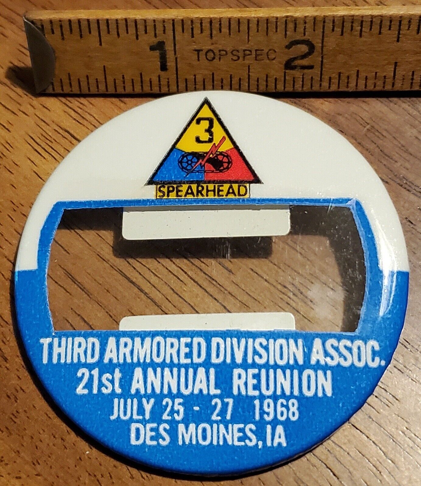 Vtg 1968 ARMY 3rd ARMOR DIVISION ASSOC-Des Moines IA ID BADGE PINBACK Button Pin