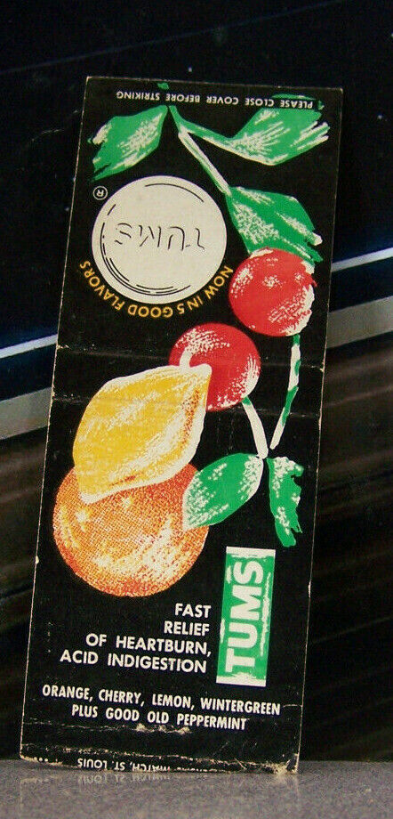 Vintage Matchbook Cover Z4 Tums Antacid Cherries Lemon Heartburn Peppermint