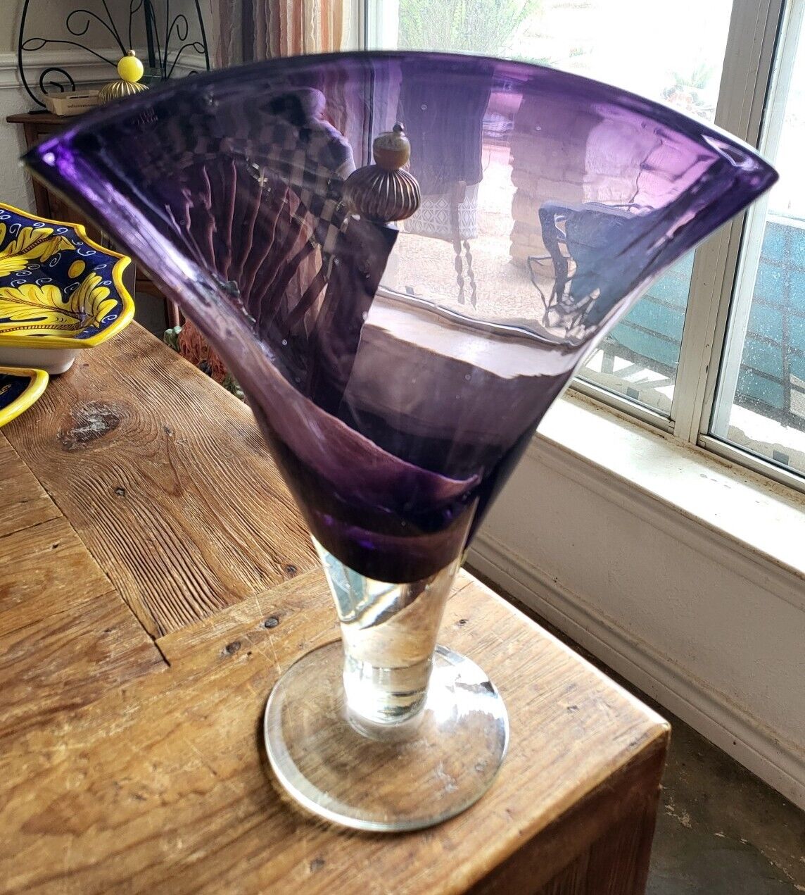 Vintage Blenko Handmade Amethyst Purple Fan Art Blown Glass Vase With Clear Base