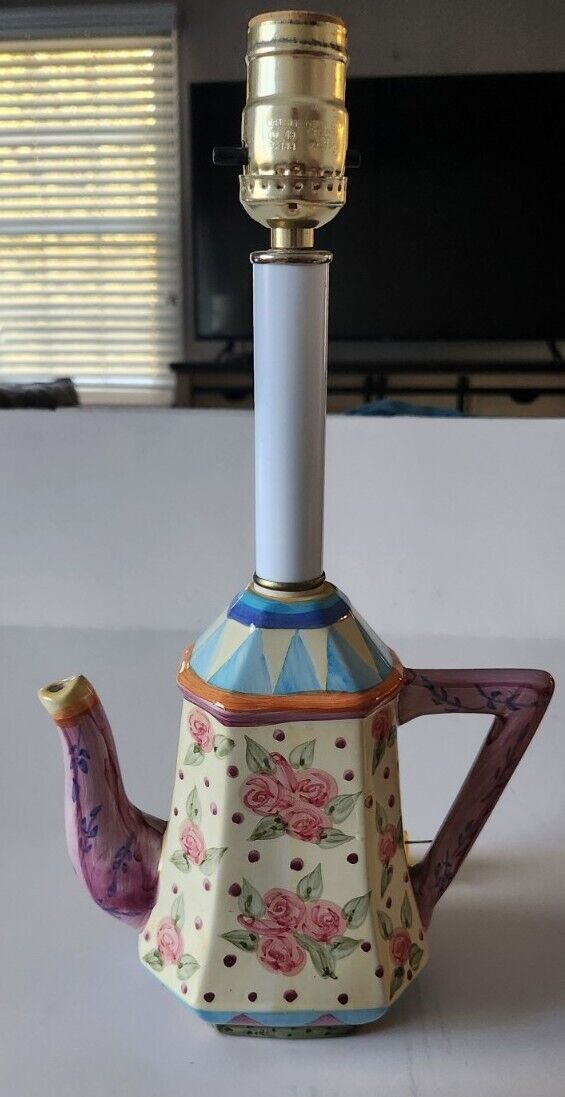 Vtg Teapot Lamp Handpainted Ceramic McKenzie Childs Style Retractable Cord Nice
