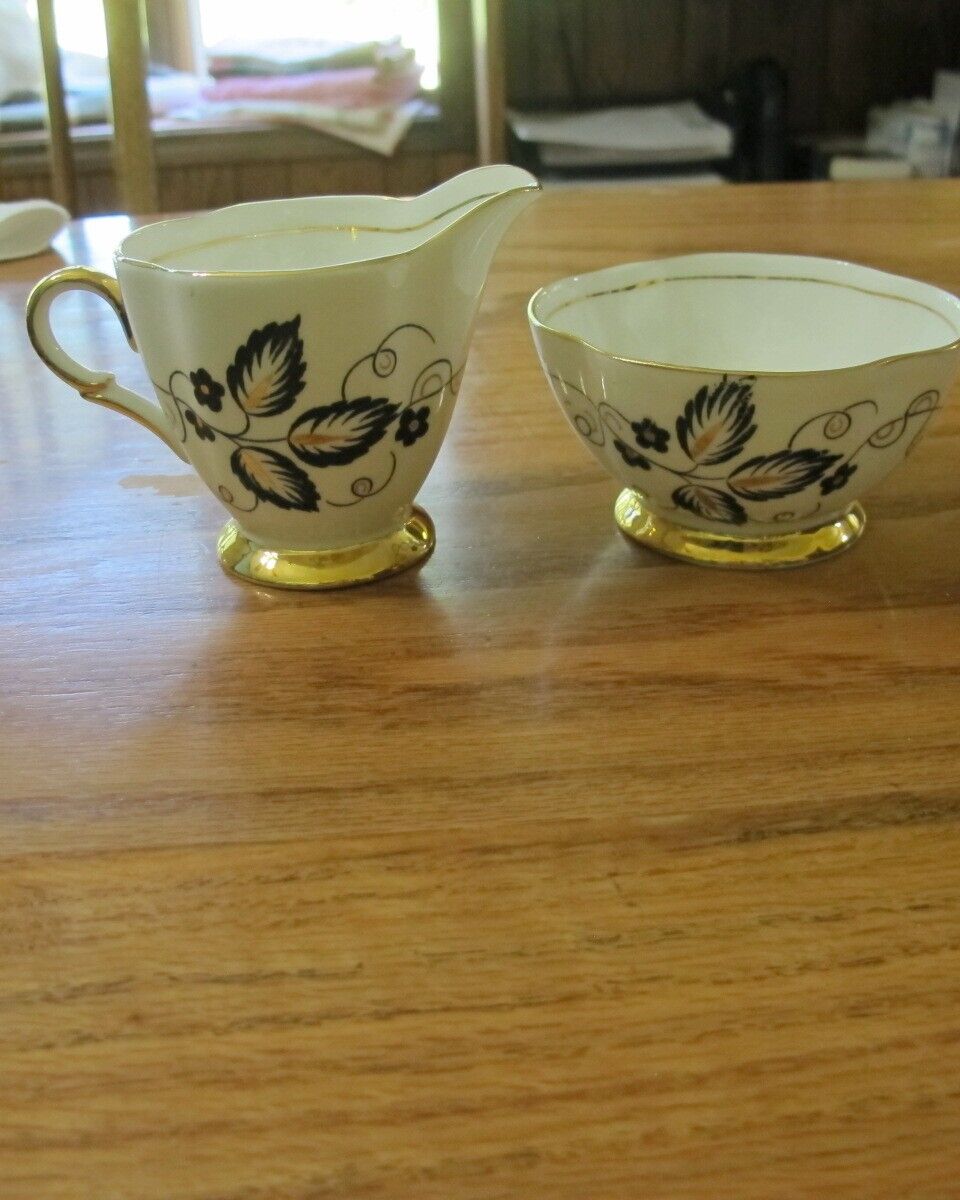 Clarence Bone China Black, White and Gold Cream & Sugar - Made in England 1950s