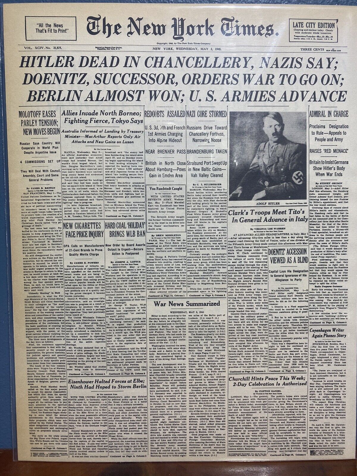 VINTAGE NEWSPAPER HEADLINE ~ ADOLPH HITLER DEAD GERMANY FALLS WORLD WAR 2 1945