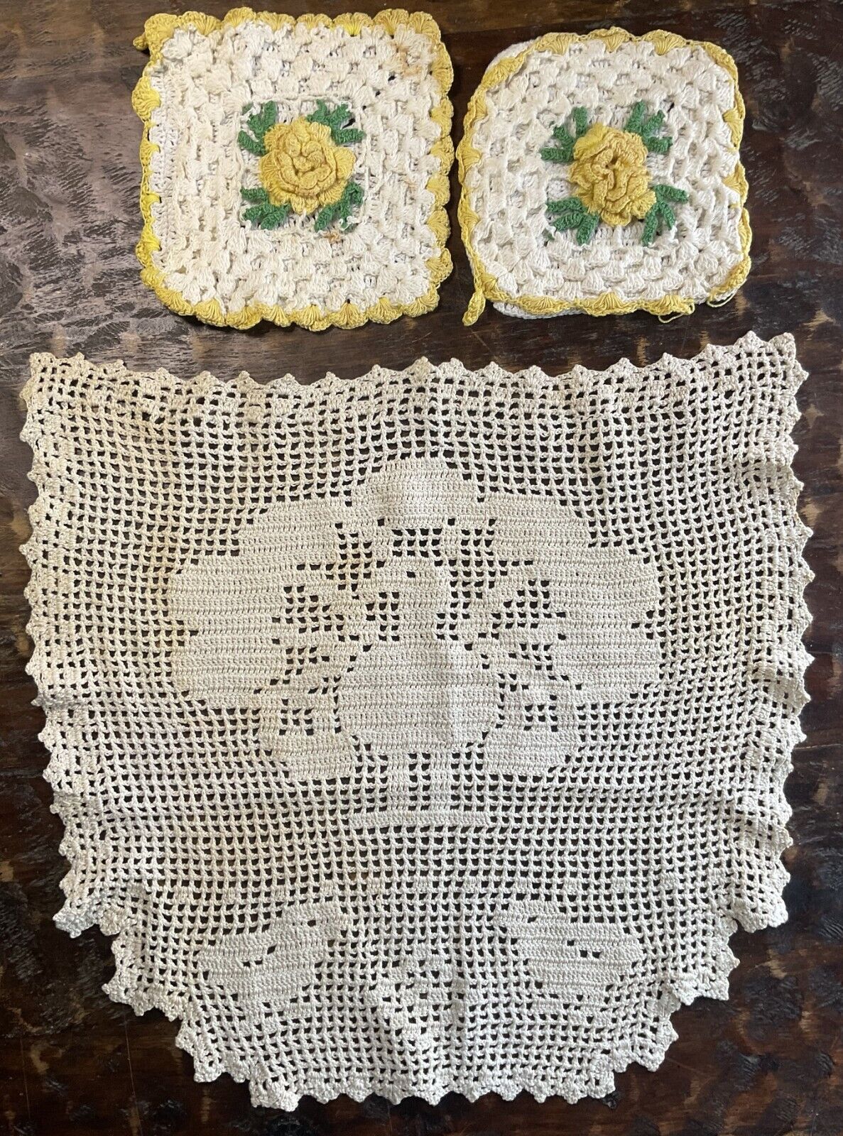Vintage French Country Crochet Turkey & Chicks Doily & Yellow Rose Potholders