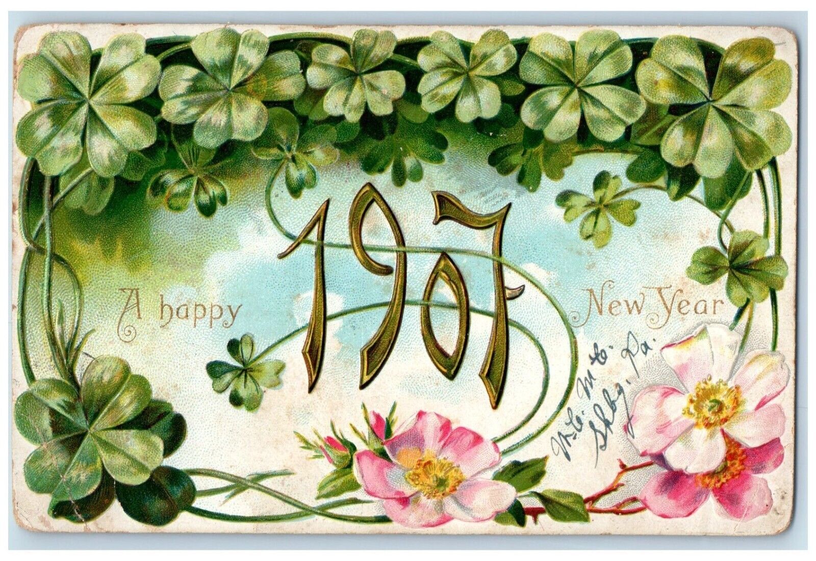 1906 Happy New Year Clover And Flowers Large Numbers Embossed Antique Postcard
