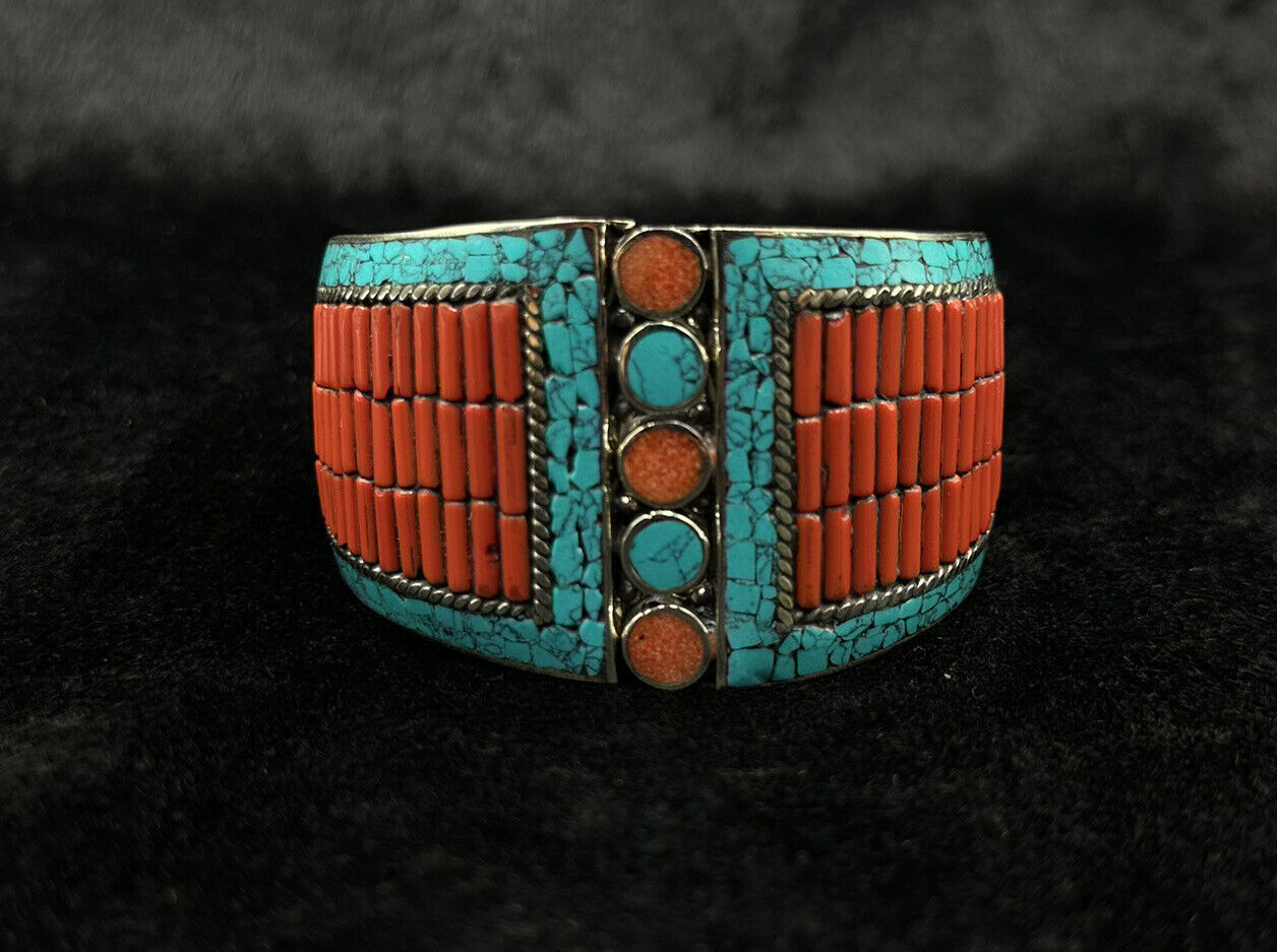 Unique Vintage Tibetan Nepalese Cuff Bangle With Turquoise And Coral Stone