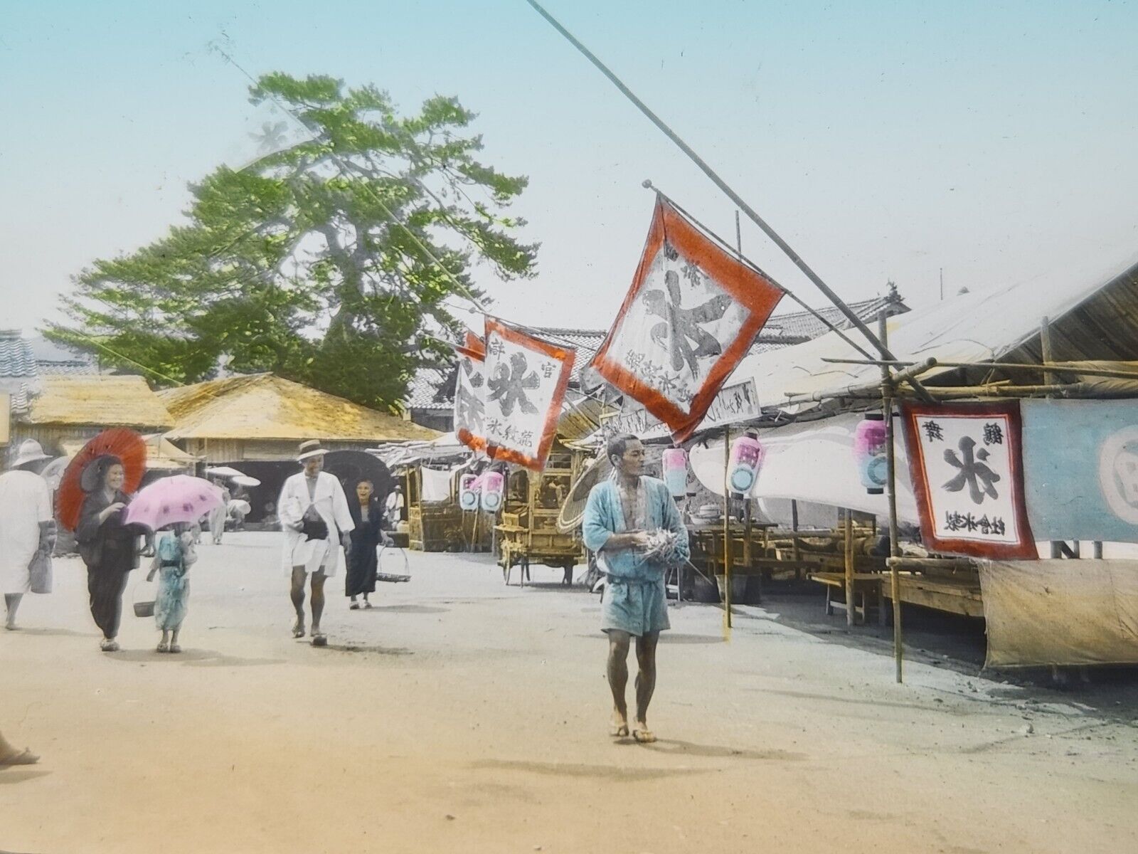 Street Scene Market Banners Miyazu Japan - Antique Magic Lantern Glass Slide