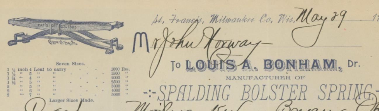 1891 SPALDING BOLSTER STRING MILWAUKEE WIS LOUIS A. BONHAM DR. INVOICE  31-36