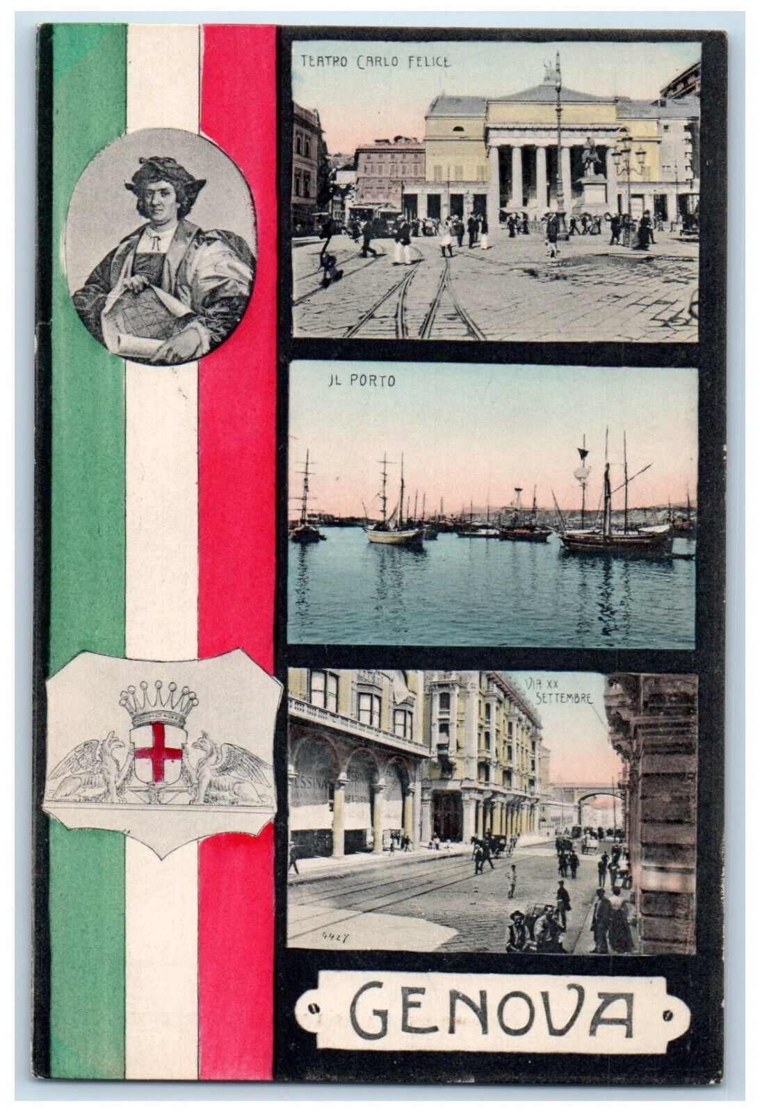 c1910 Via Settembre JL Porto Boat Teatro Carlo Felice Genova Italy Postcard
