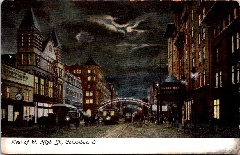 Postcard West High Street Arches in Moonlight at Night Columbus Ohio OH     V639