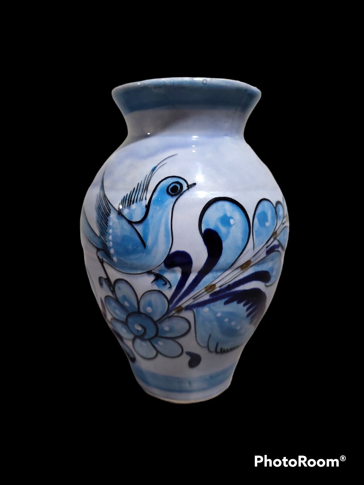 Tonala Mexican Pottery Blue Vase With Bird Signed, Hand Painted