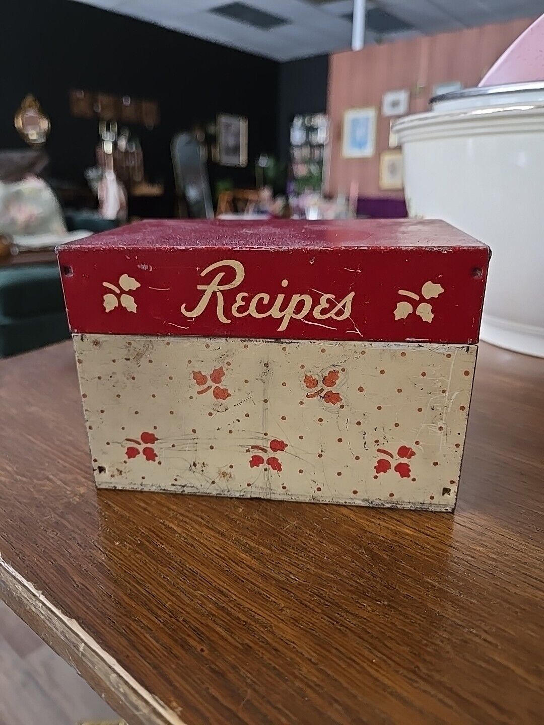 Vtg. Kitchen Red W/White Tin Metal Recipe Box