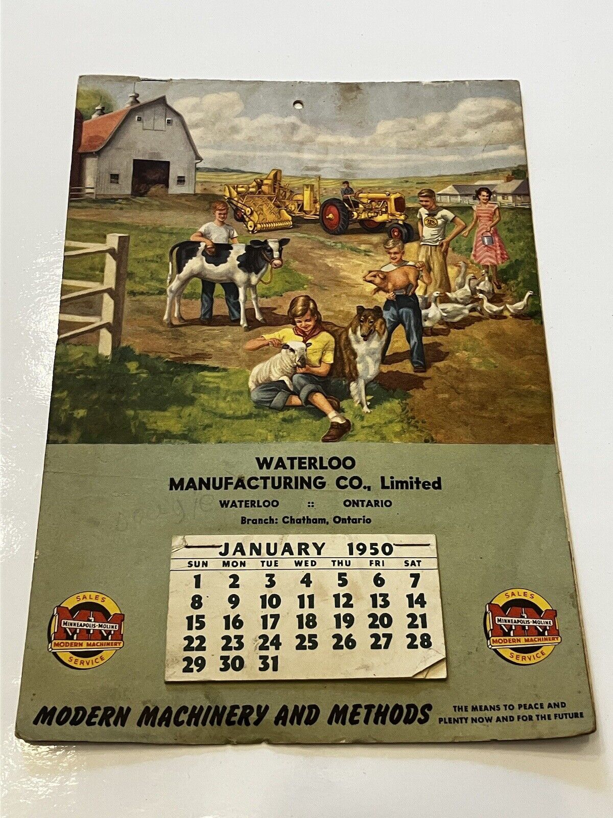 WATERLOO MODERN MACHINERY SALES & SERVICE FARM CALENDAR 1950 CHATHAM ONTARIO VTG