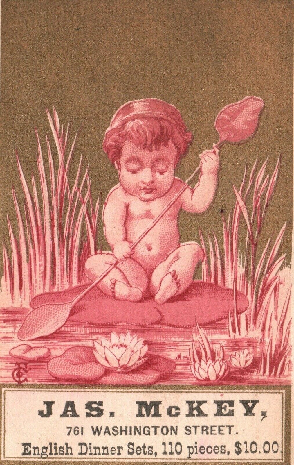 1880s-90s Small Boy in Lilly Patch JAS McKey English Dinner Sets Trade Card