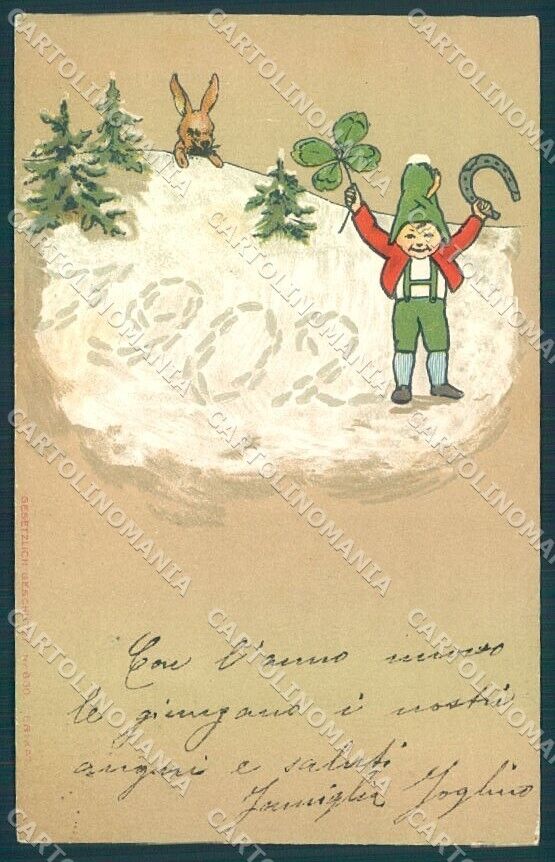 New Year 1902 Gnome Four Leaf Clover Rabbit Horseshoe Erika 830 Relief pc TW1656