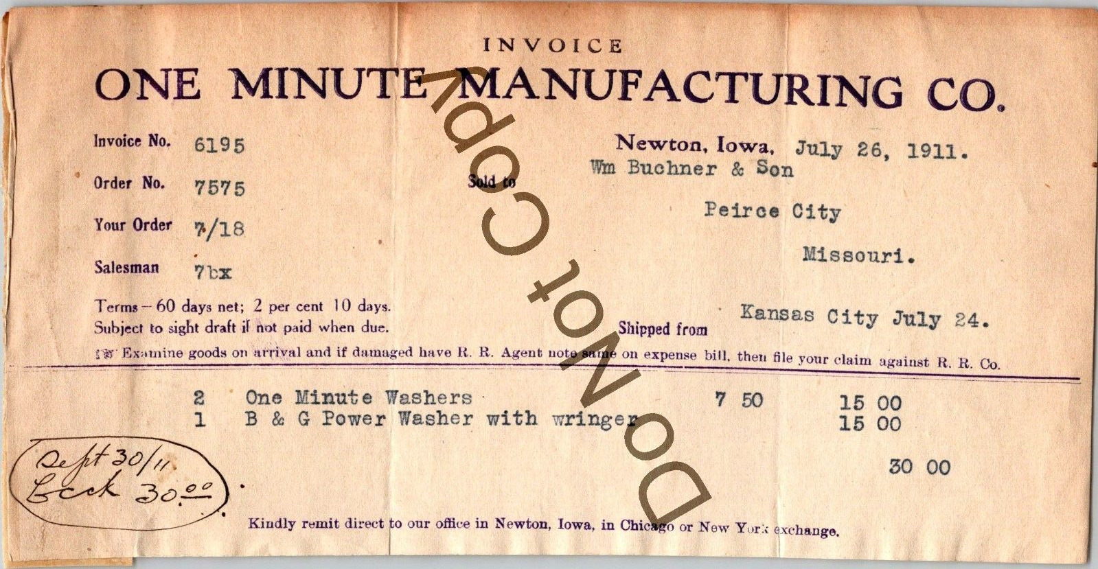 Vintage 1911 One Minute Manufacturing Buchner & Son Invoice NEWTON IA AC51